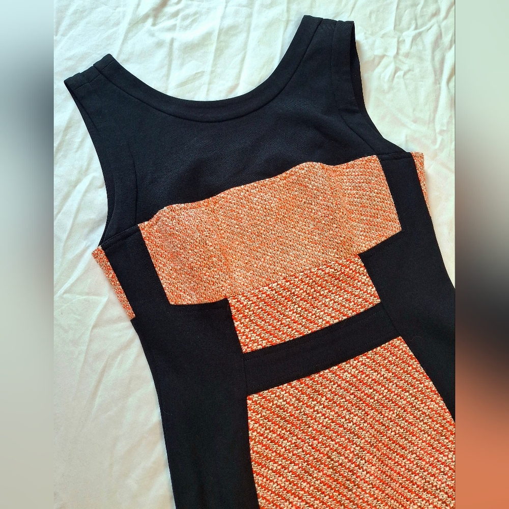 Yoana Baraschi Colorblock Sheath Dress Size 4 Black Orange Tweed Chic